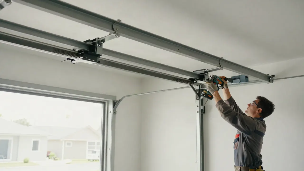 Garage Door Installation in Bloomington: technician attaching a new garage door opener rail to the header bracket above the
