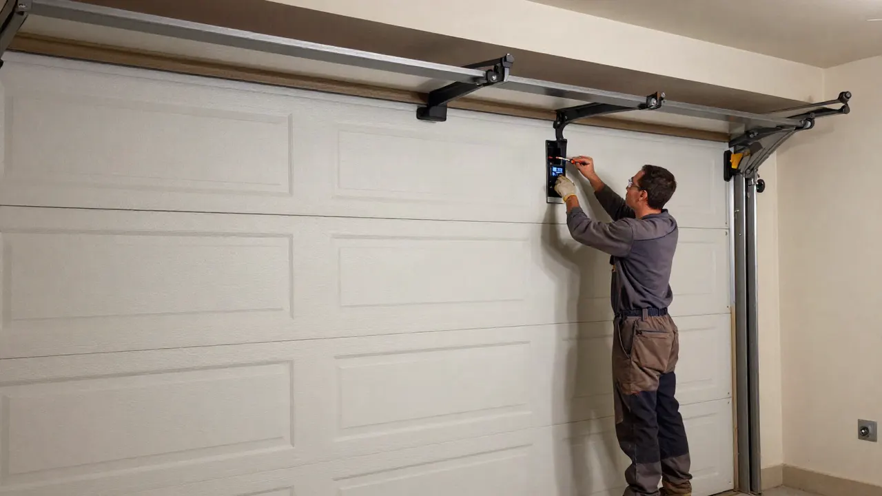 Garage Door Opener Repair in Bloomington: technician adjusting the limit switches on a wall-mounted garage door opener