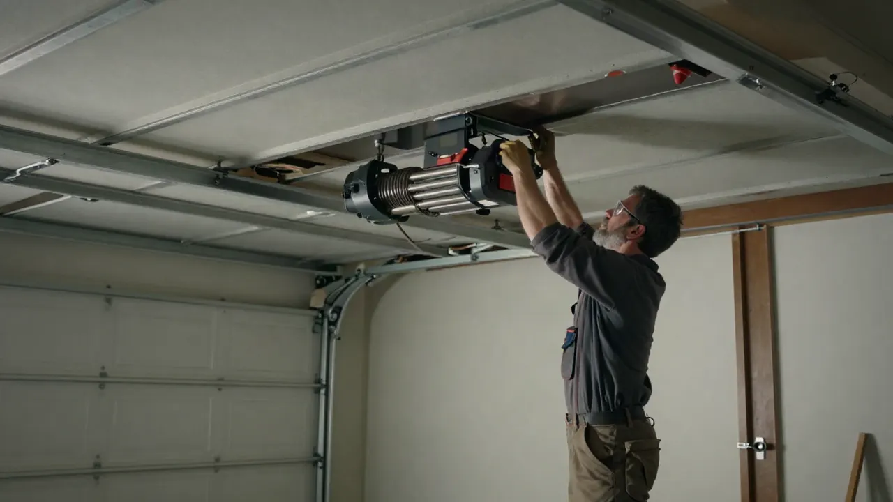 Garage door repair in Bloomington: technician carefully lowering a new garage door opener motor assembly onto the ceiling