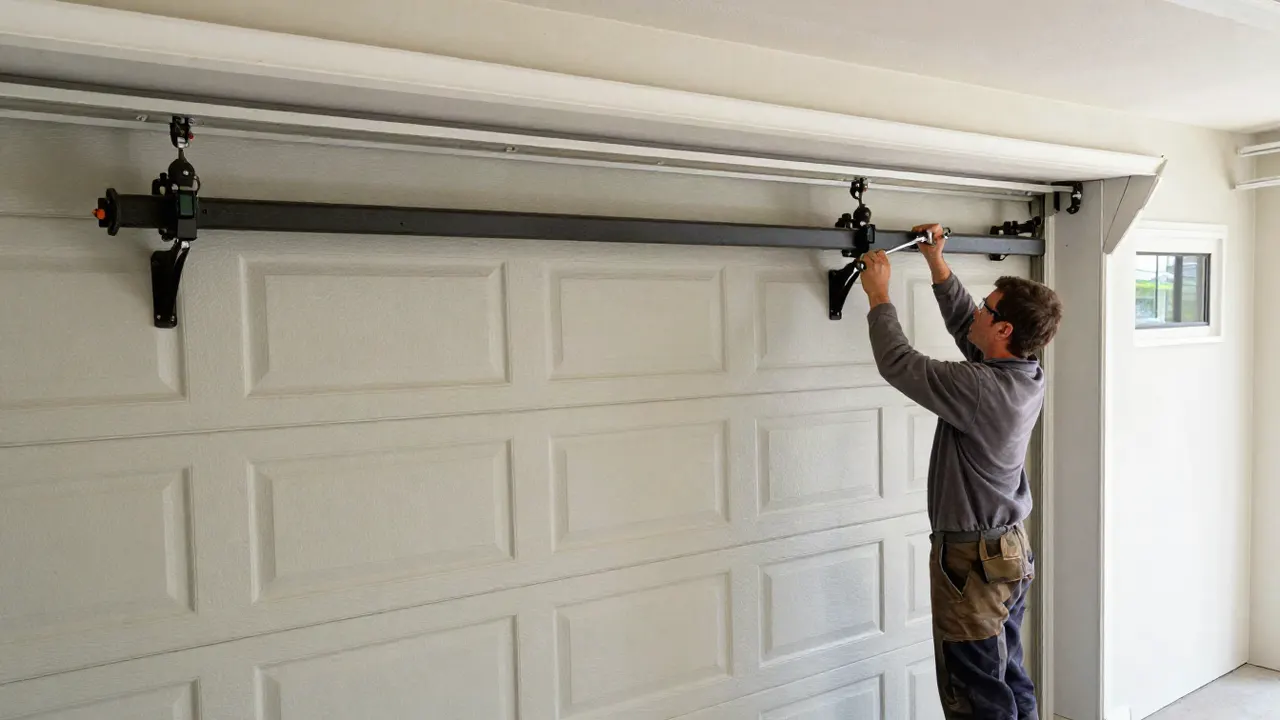 Garage Door Repair in Bloomington: technician replacing a worn roller on a sectional garage door, using a wrench to remove