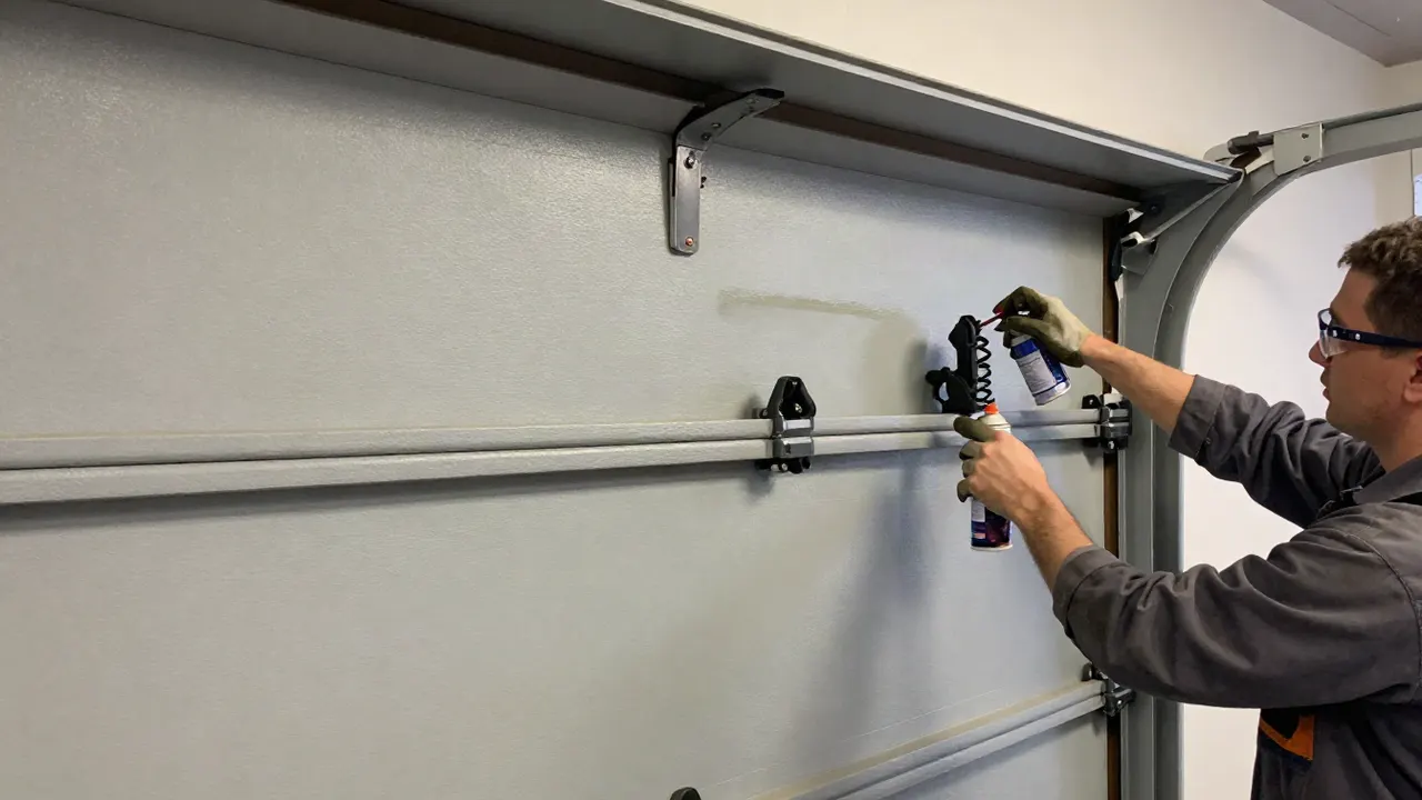 Garage door repair in Bloomington: close-up of a technician's hands applying lubrication to garage door rollers and hinges